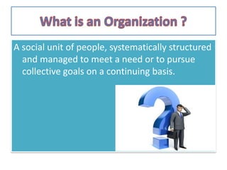 A social unit of people, systematically structured
and managed to meet a need or to pursue
collective goals on a continuing basis.
 