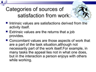Categories of sources of
satisfaction from work:



Intrinsic values are satisfactions derived from the
activity itself.
Extrinsic values are the returns that a job
provides.
Concomitant values are those aspects of work that
are a part of the task situation,although not
necessarily part of the work itself.For example, in
many tasks the appeal lies not in what one does,
but in the interaction a person enjoys with others
while working.

 