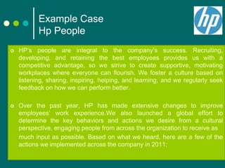 Example Case
Hp People
 HP’s people are integral to the company’s success. Recruiting,
developing, and retaining the best...