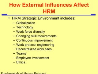 How External Influences Affect 
HRM 
• HRM Strategic Environment includes: 
– Globalization 
– Technology 
– Work force diversity 
– Changing skill requirements 
– Continuous improvement 
– Work process engineering 
– Decentralized work sites 
– Teams 
– Employee involvement 
– Ethics 
Fundamentals of Human Resource 
 