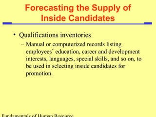 Forecasting the Supply of 
Inside Candidates 
• Qualifications inventories 
– Manual or computerized records listing 
employees’ education, career and development 
interests, languages, special skills, and so on, to 
be used in selecting inside candidates for 
promotion. 
Fundamentals of Human Resource 
 