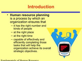 Introduction 
• Human resource planning 
is a process by which an 
organization ensures that 
– it has the right number and 
kinds of people 
– at the right place 
– at the right time 
– capable of effectively and 
efficiently completing those 
tasks that will help the 
organization achieve its overall 
strategic objectives. 
Fundamentals of Human Resource 
 