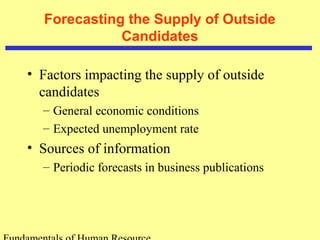 Forecasting the Supply of Outside 
Candidates 
• Factors impacting the supply of outside 
candidates 
– General economic conditions 
– Expected unemployment rate 
• Sources of information 
– Periodic forecasts in business publications 
Fundamentals of Human Resource 
 