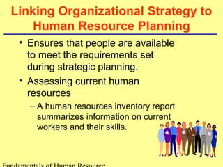 Linking Organizational Strategy to 
Human Resource Planning 
• Ensures that people are available 
to meet the requirements set 
during strategic planning. 
• Assessing current human 
resources 
– A human resources inventory report 
summarizes information on current 
workers and their skills. 
Fundamentals of Human Resource 
 