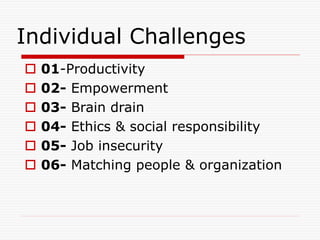 Individual Challenges
 01-Productivity
 02- Empowerment
 03- Brain drain
 04- Ethics & social responsibility
 05- Job insecurity
 06- Matching people & organization
 