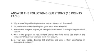 ANSWER THE FOLLOWING QUESTIONS (10 POINTS
EACH)
1. Why are staffing tables important to Human Resources? President?
2. Do you believe crowdsourcing is a good idea? Why? Why not?
3. How do HR analytics impact job design? Recruitment? Training? Compensation?
Explain.
4. What is the purpose of replacement charts? And who would use them in the
company? What would they use them for? Explain.
5. In your own words, describe HR analytics and why is their significance in
managing a company?
22
 