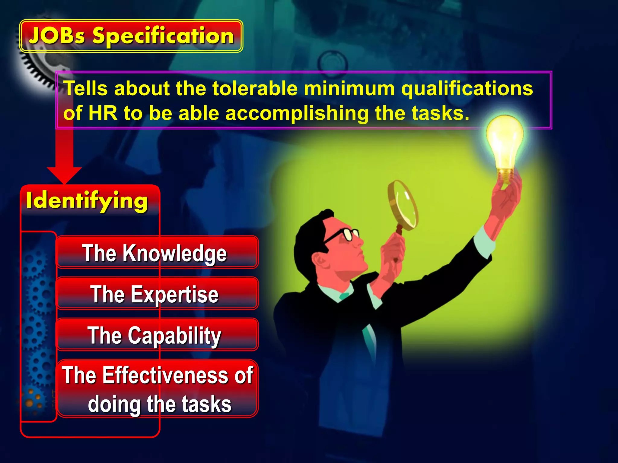 JOBs Specification

   Tells about the tolerable minimum qualifications
   of HR to be able accomplishing the tasks.



Identifying

     The Knowledge
     The Expertise
     The Capability
   The Effectiveness of
     doing the tasks
 