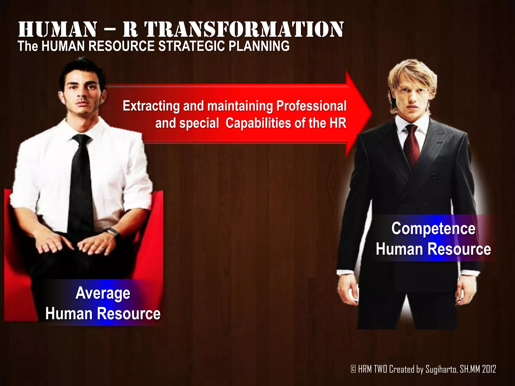 HUMAN – R TRANSFORMATION
The HUMAN RESOURCE STRATEGIC PLANNING



              Extracting and maintaining Professional
                    and special Capabilities of the HR




                                                                  Competence
                                                                Human Resource

      Average
   Human Resource


                                                         © HRM TWO Created by Sugiharto, SH.MM 2012
 
