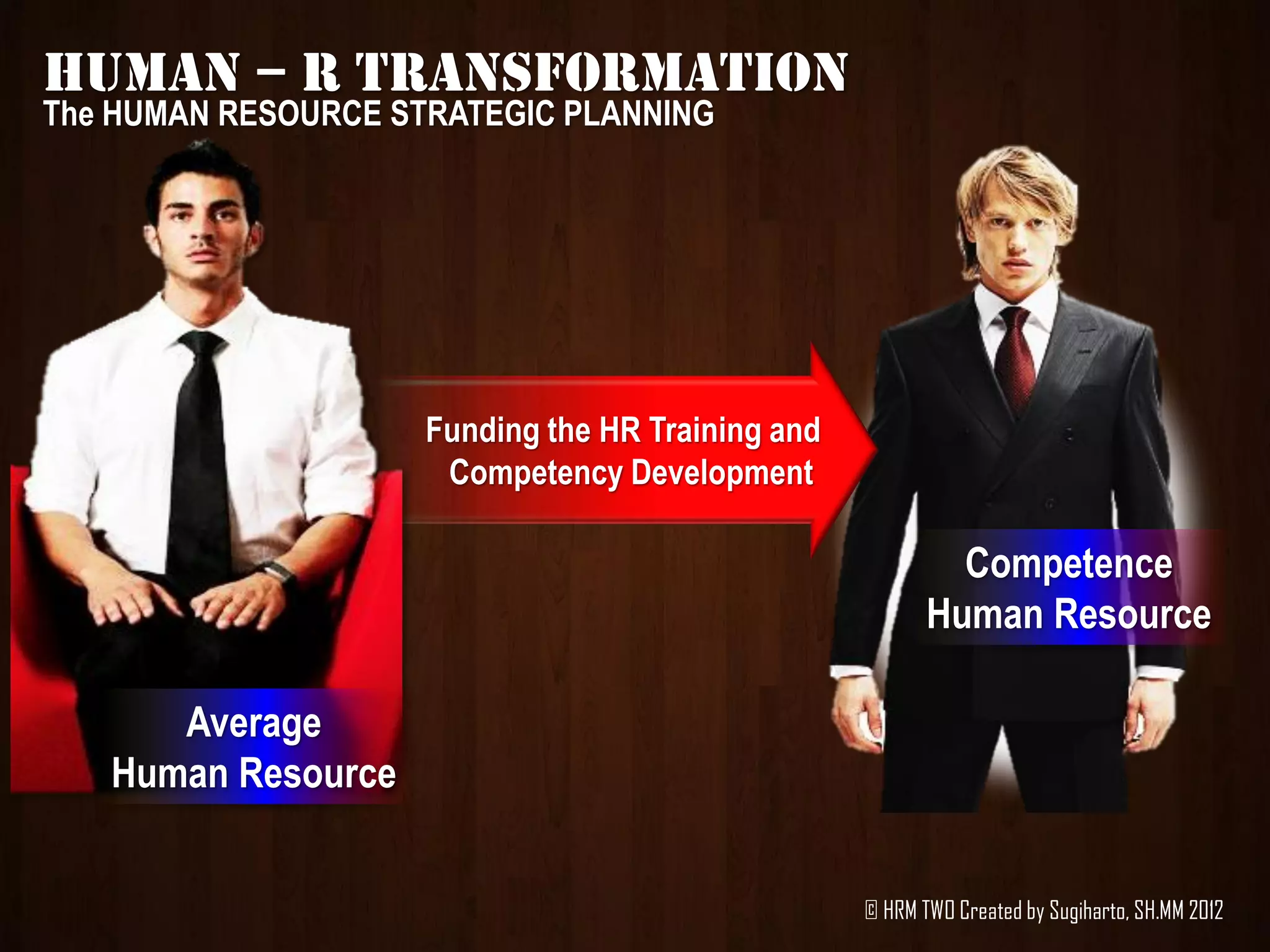 HUMAN – R TRANSFORMATION
The HUMAN RESOURCE STRATEGIC PLANNING




                     Funding the HR Training and
                      Competency Development

                                                            Competence
                                                          Human Resource

      Average
   Human Resource


                                                   © HRM TWO Created by Sugiharto, SH.MM 2012
 