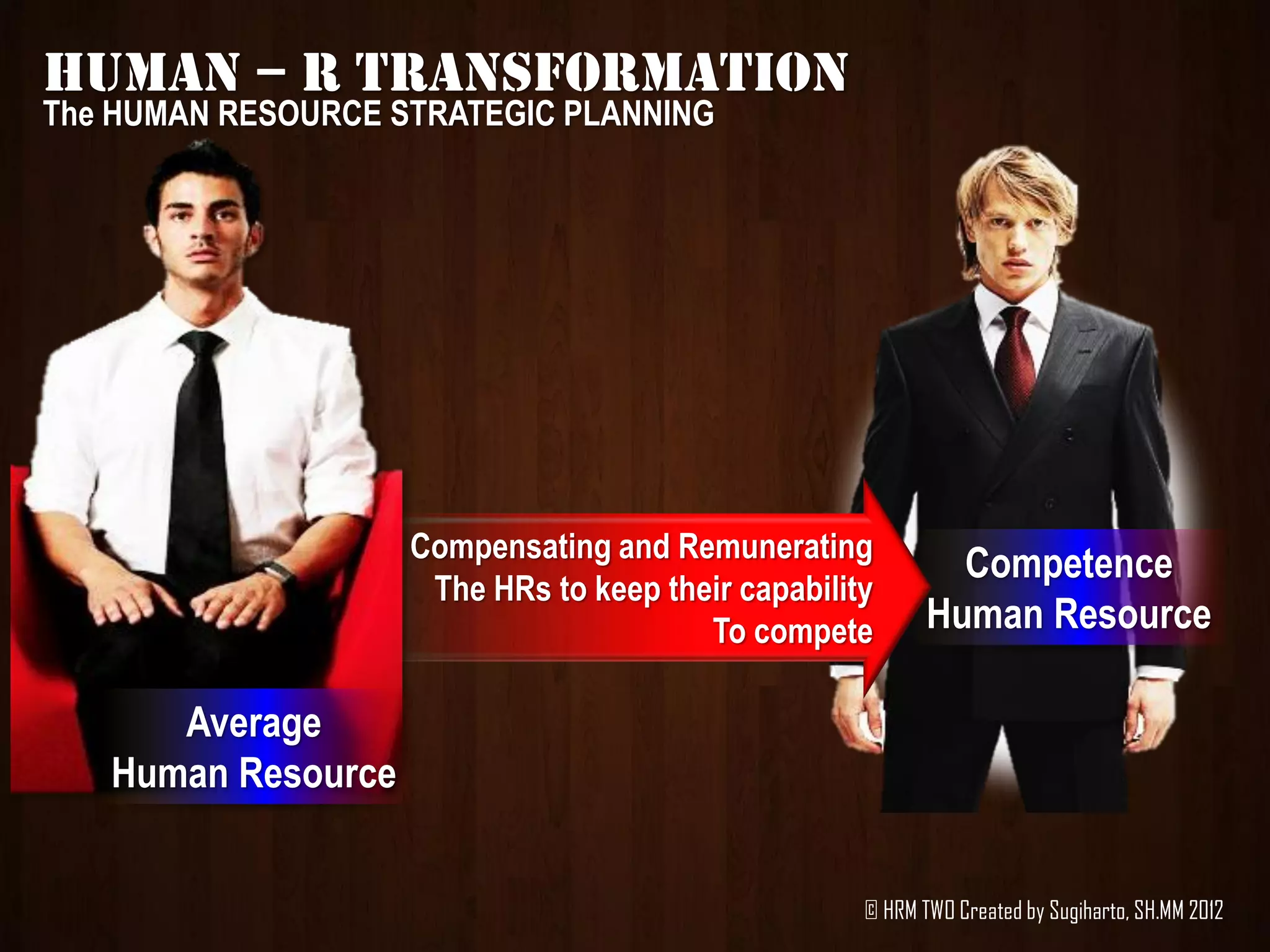 HUMAN – R TRANSFORMATION
The HUMAN RESOURCE STRATEGIC PLANNING




                    Compensating and Remunerating
                                                             Competence
                     The HRs to keep their capability
                                        To compete         Human Resource

      Average
   Human Resource


                                                    © HRM TWO Created by Sugiharto, SH.MM 2012
 