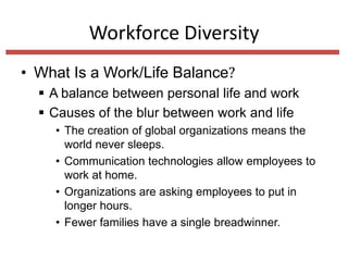 Workforce Diversity
• What Is a Work/Life Balance?
 A balance between personal life and work
 Causes of the blur between work and life
• The creation of global organizations means the
world never sleeps.
• Communication technologies allow employees to
work at home.
• Organizations are asking employees to put in
longer hours.
• Fewer families have a single breadwinner.

 