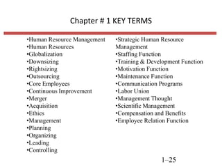 Chapter # 1 KEY TERMS
•Human Resource Management
•Human Resources
•Globalization
•Downsizing
•Rightsizing
•Outsourcing
•Core Employees
•Continuous Improvement
•Merger
•Acquisition
•Ethics
•Management
•Planning
•Organizing
•Leading
•Controlling

•Strategic Human Resource
Management
•Staffing Function
•Training & Development Function
•Motivation Function
•Maintenance Function
•Communication Programs
•Labor Union
•Management Thought
•Scientific Management
•Compensation and Benefits
•Employee Relation Function

1–25

 
