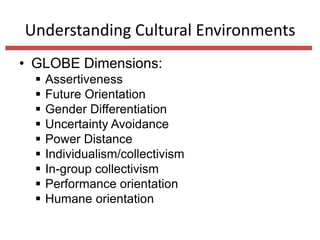 Understanding Cultural Environments
• GLOBE Dimensions:










Assertiveness
Future Orientation
Gender Differentiation
Uncertainty Avoidance
Power Distance
Individualism/collectivism
In-group collectivism
Performance orientation
Humane orientation

 