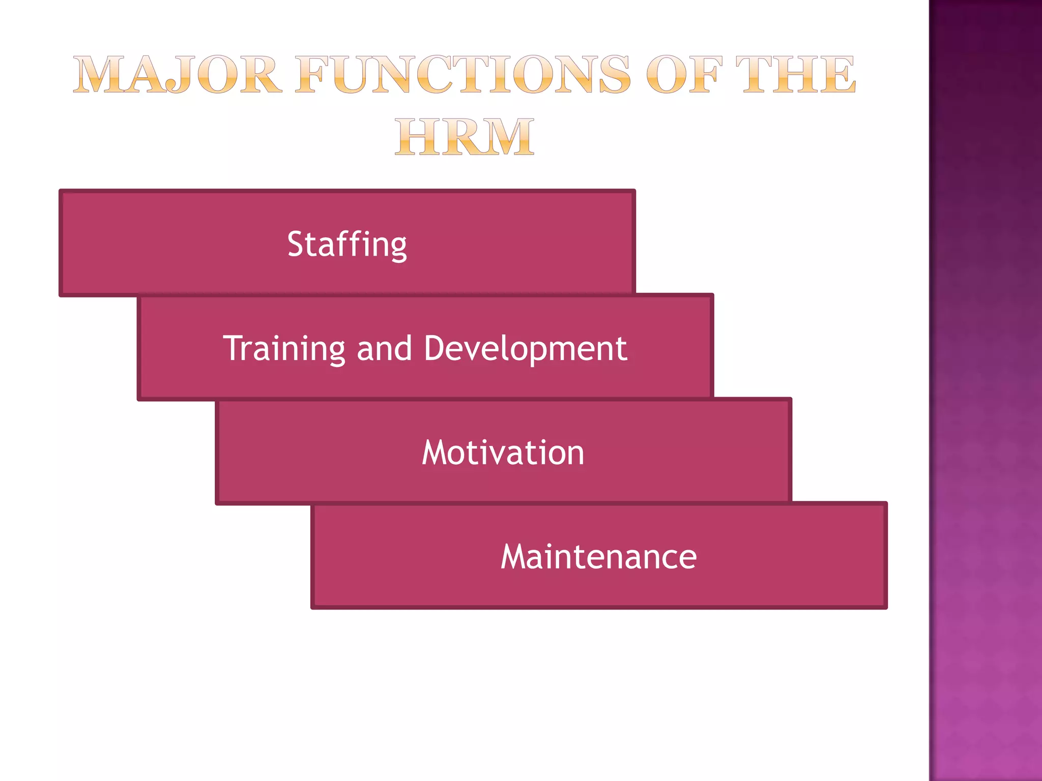Staffing


Training and Development


              Motivation

                  Maintenance
 