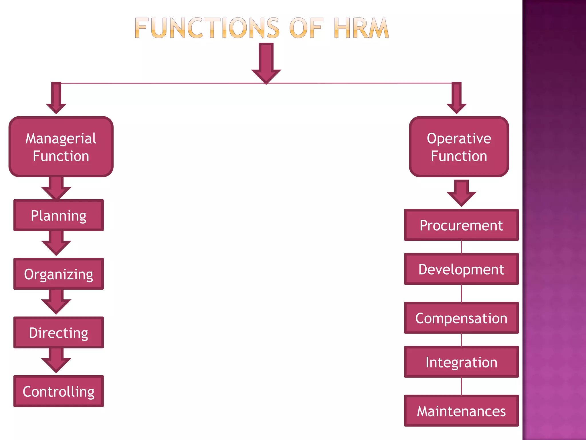 Managerial     Operative
 Function      Function



 Planning
              Procurement


Organizing    Development


              Compensation
Directing

               Integration

Controlling
              Maintenances
 