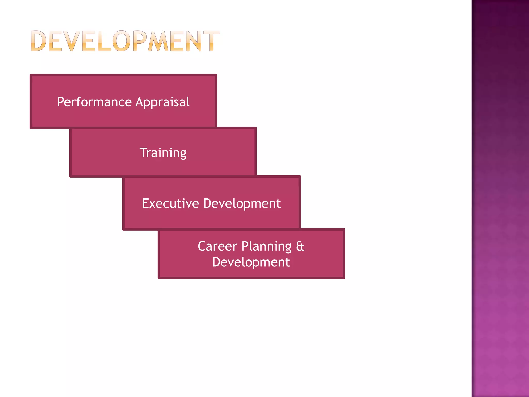 Performance Appraisal


             Training


             Executive Development


                        Career Planning &
                          Development
 