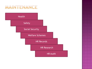 Health

    Safety

     Social Security

         Welfare Schemes

                HR Records

                       HR Research

                            HR Audit
 