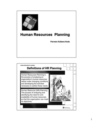 1
Human Resources PlanningHuman Resources Planning
Parveen Sultana Huda
e- NABLING BUSINESS COMMUNICATIONS
HR Planning
Definitions of HR Planning
HUMAN RESOURCES PLANNING
Human Resources Planning is
the process of analyzing an
organization’s human resources
needs under changing conditions
and developing the activities
necessary to satisfy these needs.
Human Resource (HR) Planning
The process of analyzing and
identifying the need for and
availability of human resources
so that the organization can meet
its objectives.
 