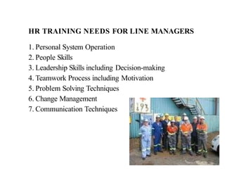 HR TRAINING NEEDS FOR LINE MANAGERS
1. Personal System Operation
2. People Skills
3. Leadership Skills including Decision-making
4. Teamwork Process including Motivation
5. Problem Solving Techniques
6. Change Management
7. Communication Techniques
 