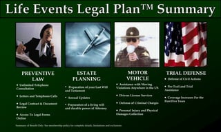 PREVENTIVE
LAW
Unlimited Telephone
Consultation
Letters and Telephone Calls
Legal Contract & Document
Review
Access To Legal Forms
Online
Summary of Benefit Only See membership policy for complete details, limitations and exclusions.
MOTOR
VEHICLE
Assistance with Moving
Violations Anywhere in the US
Drivers License Services
Defense of Criminal Charges
Personal Injury and Physical
Damages Collection
ESTATE
PLANNING
• Preparation of your Last Will
and Testament
• Annual Updates
• Preparation of a living will
and durable power of Attorney
TRIAL DEFENSE
Defense of Civil Actions
Pre-Trail and Trial
Assistance
Coverage Increases For the
First Five Years
 