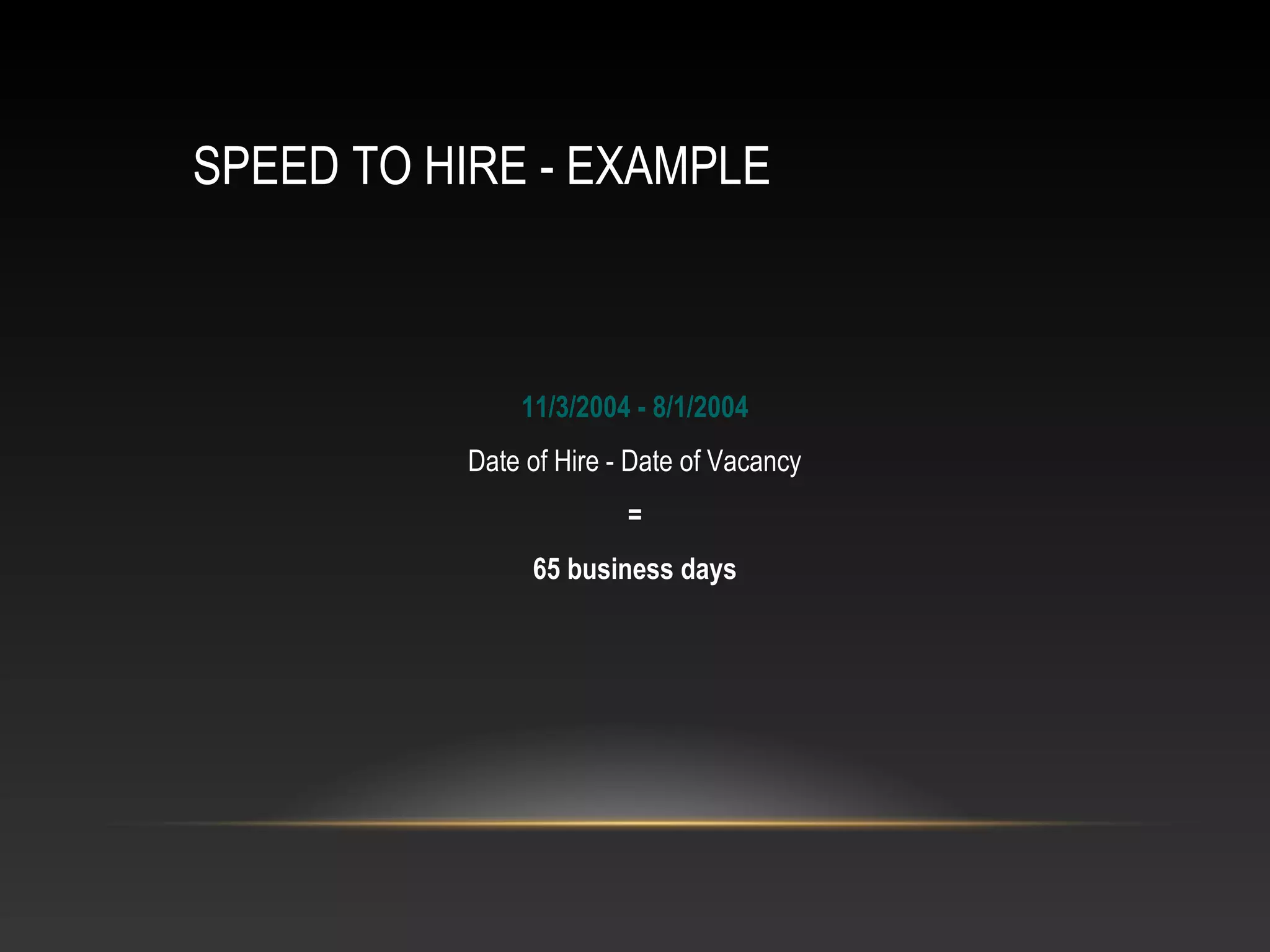 SPEED TO HIRE - EXAMPLE
11/3/2004 - 8/1/2004
Date of Hire - Date of Vacancy
=
65 business days
 