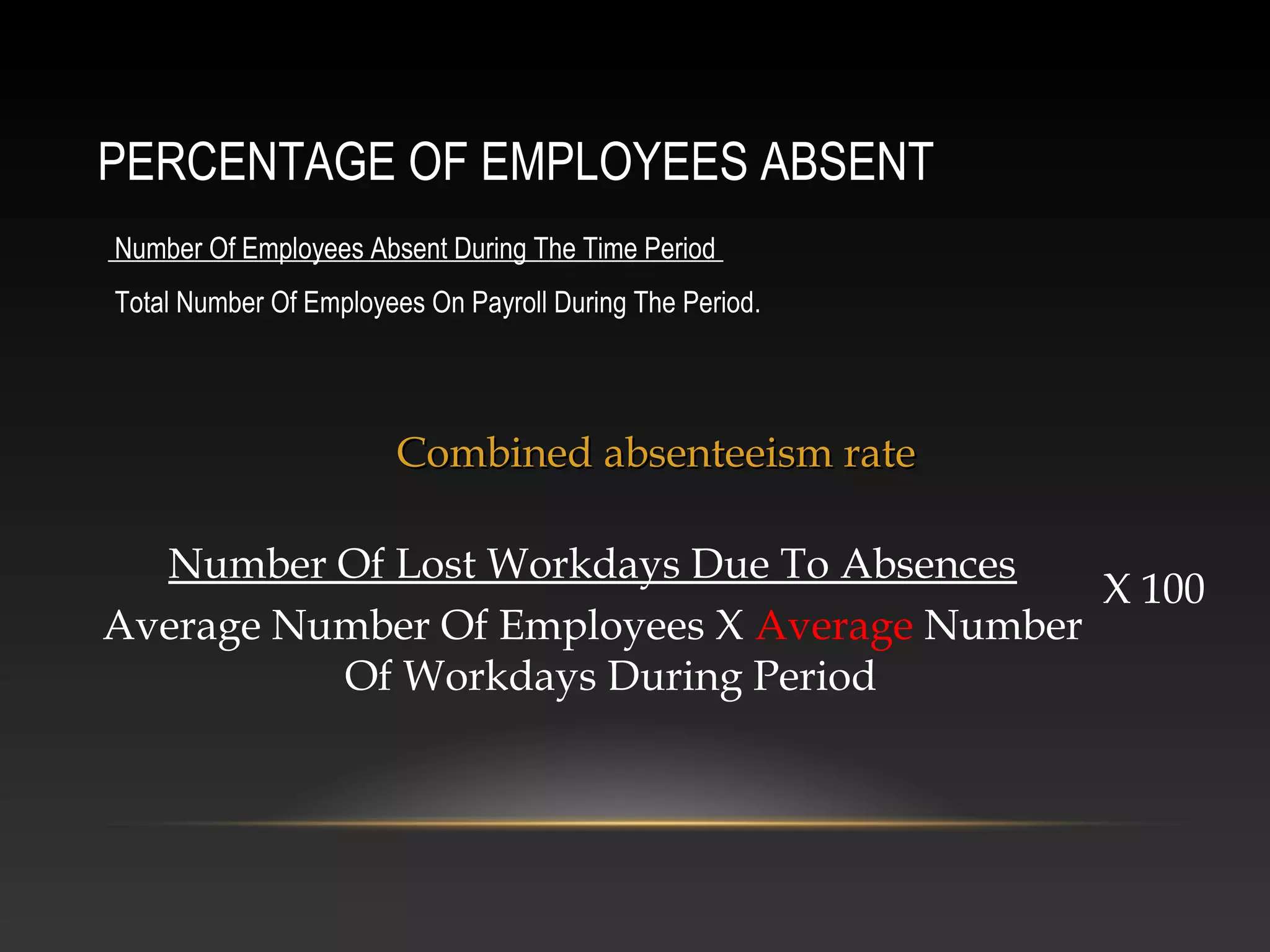PERCENTAGE OF EMPLOYEES ABSENT
Number Of Employees Absent During The Time Period
Total Number Of Employees On Payroll During The Period.
Combined absenteeism rateCombined absenteeism rate
Number Of Lost Workdays Due To Absences
Average Number Of Employees X Average Number
Of Workdays During Period
X 100
 