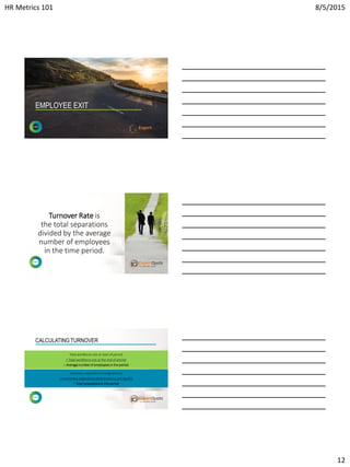 HR Metrics 101 8/5/2015
12
EMPLOYEE EXIT
Turnover Rate is
the total separations
divided by the average
number of employees
in the time period.
CALCULATING TURNOVER
Total workforce size at start of period
+ Total workforce size at the end of period
= Average number of employees in the period
Voluntary separations (resignations)
+ Involuntary separations (terminations and layoffs)
= Totalseparations in the period
 