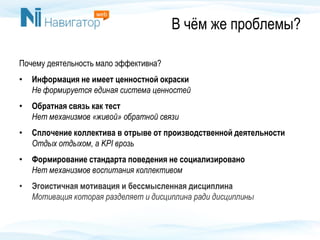 В чём же проблемы?
Почему деятельность мало эффективна?
• Информация не имеет ценностной окраски
Не формируется единая система ценностей
• Обратная связь как тест
Нет механизмов «живой» обратной связи
• Сплочение коллектива в отрыве от производственной деятельности
Отдых отдыхом, а KPI врозь
• Формирование стандарта поведения не социализировано
Нет механизмов воспитания коллективом
• Эгоистичная мотивация и бессмысленная дисциплина
Мотивация которая разделяет и дисциплина ради дисциплины
 