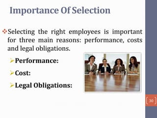 Importance Of Selection
Selecting the right employees is important
for three main reasons: performance, costs
and legal obligations.
Performance:

Cost:
Legal Obligations:
30

 