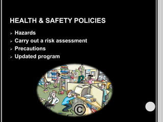 HEALTH & SAFETY POLICIES





Hazards
Carry out a risk assessment
Precautions
Updated program

 