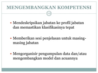 MENGEMBANGKAN KOMPETENSI 
Mendeskripsikan jabatan ke profil jabatan dan memastikan klasifikasinya tepat 
Memberikan sesi penjelasan untuk masing- masing jabatan 
Mengorganisir pengumpulan data dan/atau mengembangkan model dan acuannya 
105  