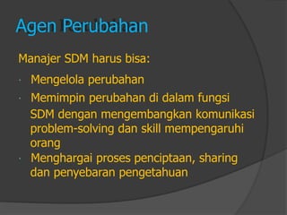 Agen Perubahan 
Manajer SDM harus bisa: 
Mengelola perubahan 
Memimpin perubahan di dalam fungsi 
SDM dengan mengembangkan komunikasi 
problem-solving dan skill mempengaruhi 
orang 
Menghargai proses penciptaan, sharing 
dan penyebaran pengetahuan  
