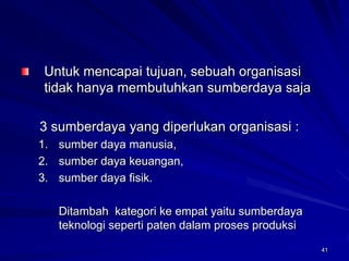 41 
Untuk mencapai tujuan, sebuah organisasi tidak hanya membutuhkan sumberdaya saja 
3 sumberdayayang diperlukan organisasi : 
1.sumber daya manusia, 
2.sumber daya keuangan, 
3.sumber daya fisik. 
Ditambah kategori keempat yaitu sumberdaya teknologi seperti paten dalam proses produksi  