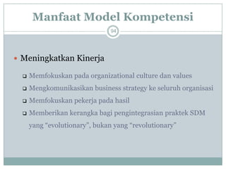 94 
Meningkatkan Kinerja 
Memfokuskan pada organizational culture dan values 
Mengkomunikasikan business strategy ke seluruh organisasi 
Memfokuskan pekerja pada hasil 
Memberikan kerangka bagi pengintegrasian praktek SDM yang “evolutionary”, bukan yang “revolutionary” 
Manfaat Model Kompetensi  