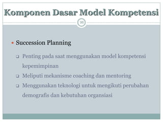 96 
Succession Planning 
Penting pada saat menggunakan model kompetensi kepemimpinan 
Meliputi mekanisme coaching dan mentoring 
Menggunakan teknologi untuk mengikuti perubahan demografis dan kebutuhan organsiasiKomponenDasarModel Kompetensi  