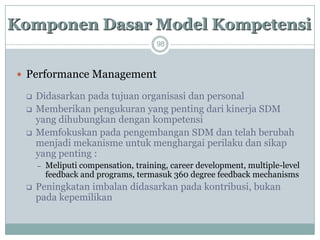 98 
Performance Management 
Didasarkan pada tujuan organisasi dan personal 
Memberikan pengukuran yang penting dari kinerja SDM yang dihubungkan dengan kompetensi 
Memfokuskan pada pengembangan SDM dan telah berubah menjadi mekanisme untuk menghargai perilaku dan sikap yang penting : 
Meliputicompensation, training, career development, multiple-level feedback and programs, termasuk 360 degree feedback mechanisms 
Peningkatan imbalandidasarkan pada kontribusi, bukan pada kepemilikanKomponenDasarModel Kompetensi  