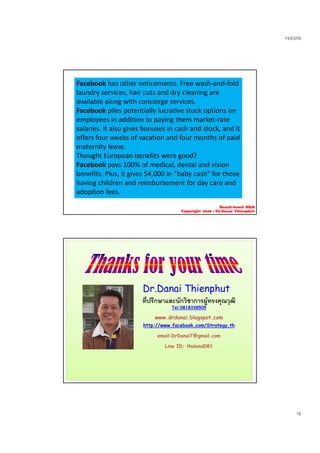14/03/59
16
Facebook has other enticements. Free wash‐and‐fold 
laundry services, hair cuts and dry cleaning are 
available along with concierge services.
Facebook piles potentially lucrative stock options on 
l i dditi t i th k t temployees in addition to paying them market‐rate 
salaries. It also gives bonuses in cash and stock, and it 
offers four weeks of vacation and four months of paid 
maternity leave.
Thought European benefits were good? 
Facebook pays 100% of medical, dental and visionFacebook pays 100% of medical, dental and vision 
benefits. Plus, it gives $4,000 in "baby cash" for those 
having children and reimbursement for day care and 
adoption fees.
Result based HRM
Copyright 2016 : Dr.Danai Thienphut
D D i Thi h tDr.Danai Thienphut
ที่ปรึกษาและนักวิชาการผูทรงคุณวุฒิ
Tel:0818338505
www.drdanai.blogspot.com
http://www.facebook.com/Strategy.th
m il:D D iT@ m il memail:DrDanaiT@gmail.com
Line ID: thaland081
 