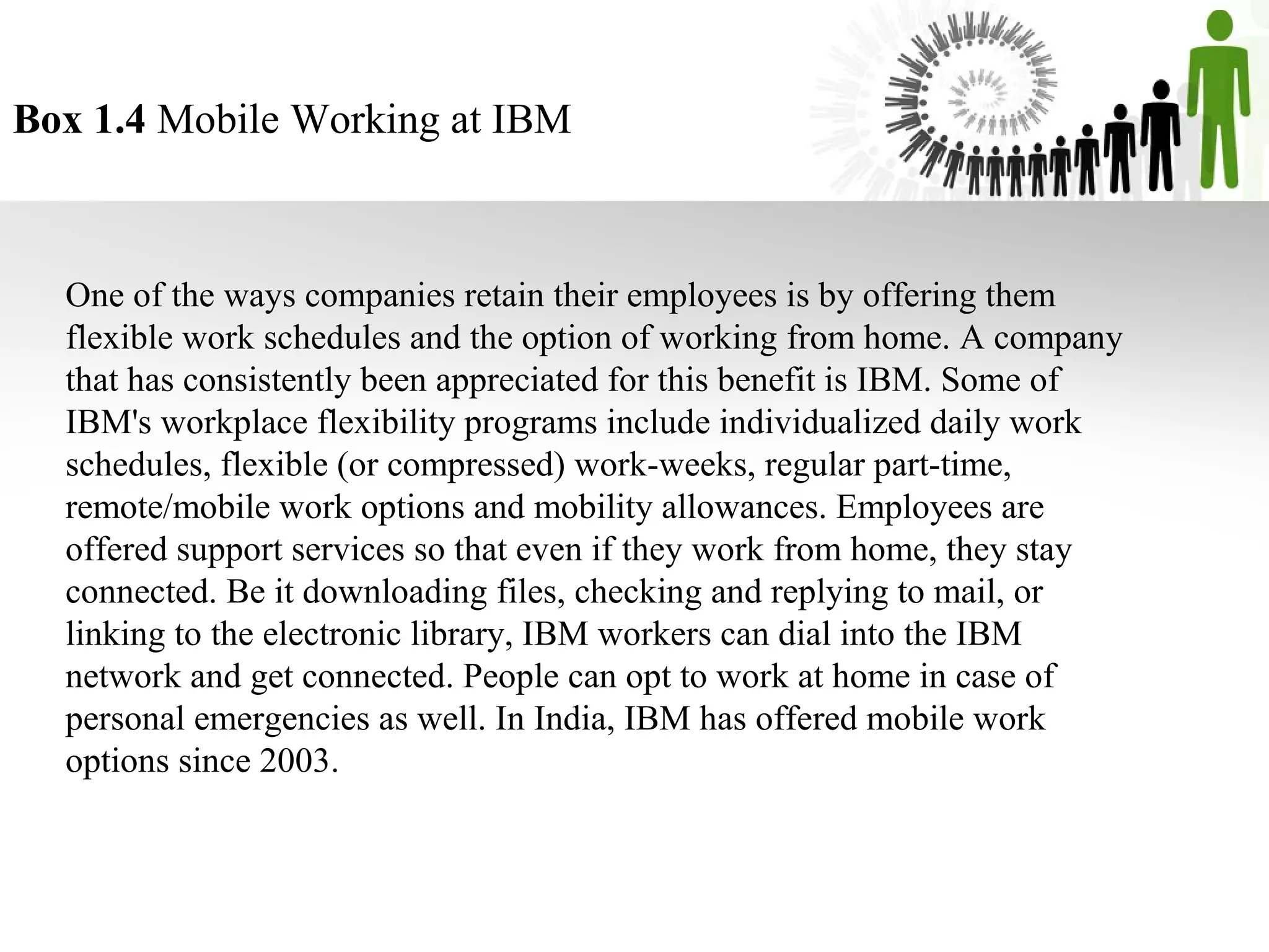Box 1.4 Mobile Working at IBM
One of the ways companies retain their employees is by offering them 
flexible work schedules and the option of working from home. A company 
that has consistently been appreciated for this benefit is IBM. Some of 
IBM's workplace flexibility programs include individualized daily work 
schedules, flexible (or compressed) work-weeks, regular part-time, 
remote/mobile work options and mobility allowances. Employees are 
offered support services so that even if they work from home, they stay 
connected. Be it downloading files, checking and replying to mail, or 
linking to the electronic library, IBM workers can dial into the IBM 
network and get connected. People can opt to work at home in case of 
personal emergencies as well. In India, IBM has offered mobile work 
options since 2003.
 
 