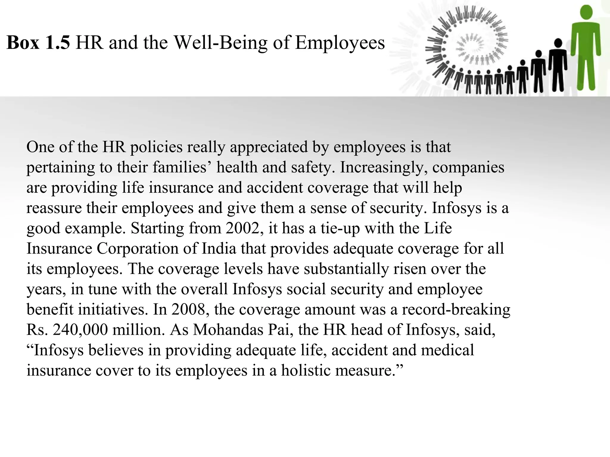 Box 1.5 HR and the Well-Being of Employees
One of the HR policies really appreciated by employees is that 
pertaining to their families’ health and safety. Increasingly, companies 
are providing life insurance and accident coverage that will help 
reassure their employees and give them a sense of security. Infosys is a 
good example. Starting from 2002, it has a tie-up with the Life 
Insurance Corporation of India that provides adequate coverage for all 
its employees. The coverage levels have substantially risen over the 
years, in tune with the overall Infosys social security and employee 
benefit initiatives. In 2008, the coverage amount was a record-breaking 
Rs. 240,000 million. As Mohandas Pai, the HR head of Infosys, said, 
“Infosys believes in providing adequate life, accident and medical 
insurance cover to its employees in a holistic measure.”
 