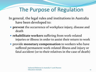 The Purpose of Regulation
In general, the legal rules and institutions in Australia
have been developed to:
 prevent the occurrence of workplace injury, disease and
death
 rehabilitate workers suffering from work-related
injuries or illness in order to assist their return to work
 provide monetary compensation to workers who have
suffered permanent work-related illness and injury or
fatal accident (or to their relatives in the case of death)
Industrial Relations in Australia © 2006 Pearson
Education Australia 10
 