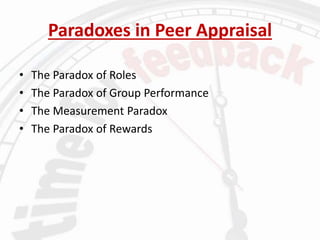 Paradoxes in Peer Appraisal
• The Paradox of Roles
• The Paradox of Group Performance
• The Measurement Paradox
• The Paradox of Rewards
 