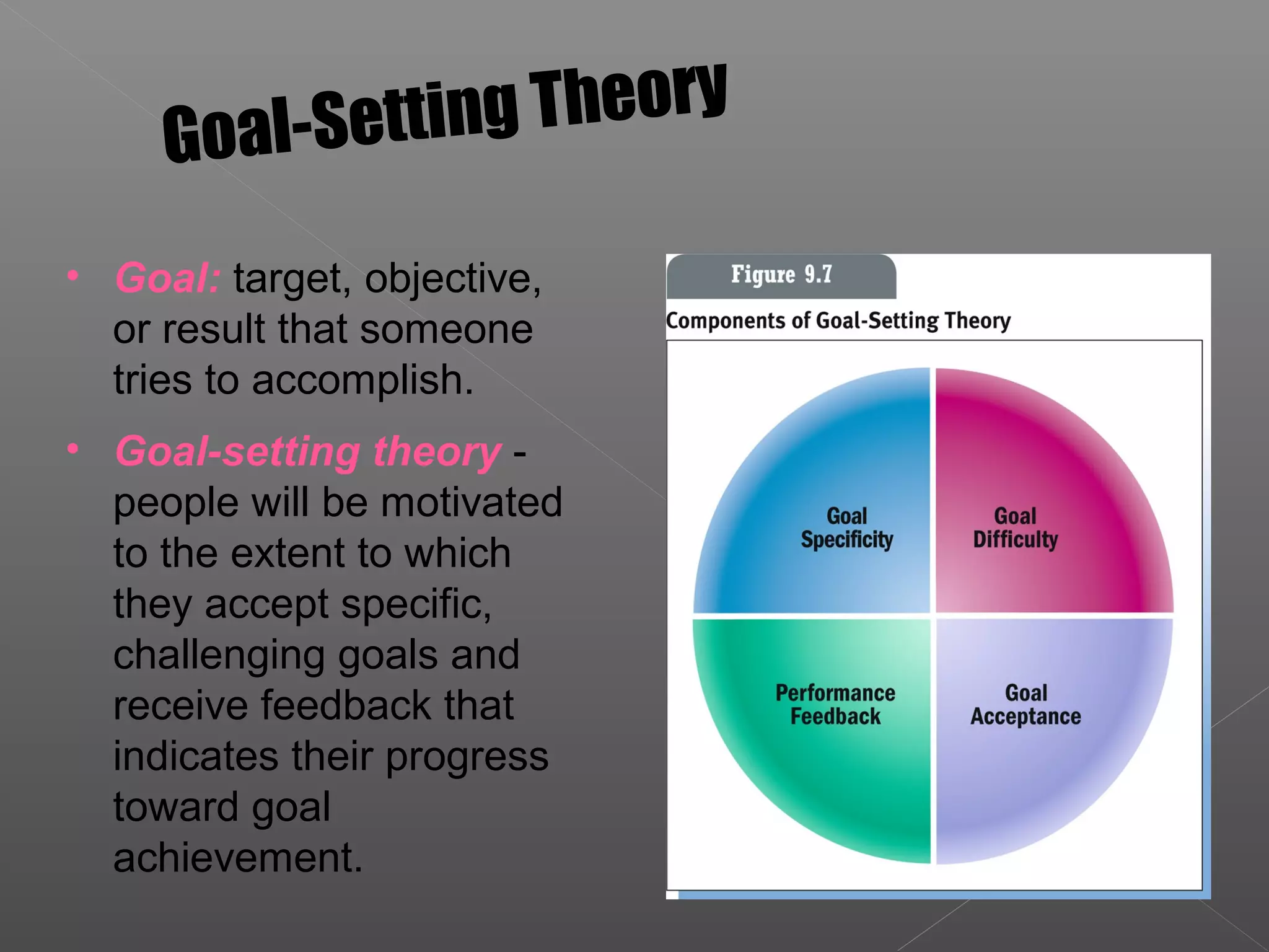 • Goal: target, objective,
or result that someone
tries to accomplish.
• Goal-setting theory -
people will be motivated
to the extent to which
they accept specific,
challenging goals and
receive feedback that
indicates their progress
toward goal
achievement.
Goal-Setting Theory
 