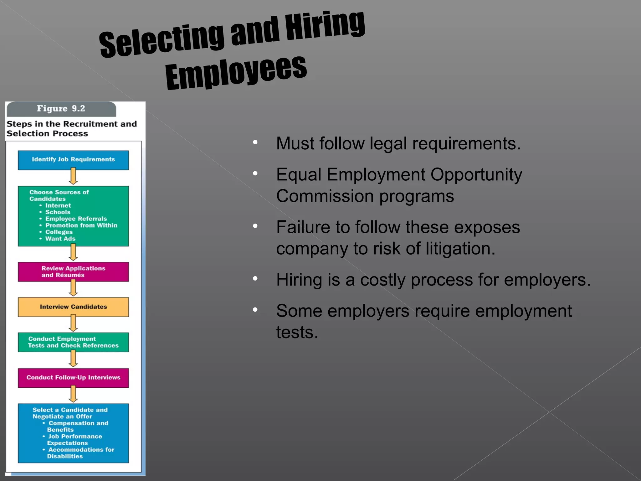 • Must follow legal requirements.
• Equal Employment Opportunity
Commission programs
• Failure to follow these exposes
company to risk of litigation.
• Hiring is a costly process for employers.
• Some employers require employment
tests.
Selecting and Hiring
Employees
 