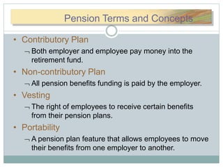PPenenssionionTTermermssananddCoPension Terms and Concepts
• Contributory Plan
 Both employer and employee pay money into the
retirement fund.
• Non-contributory Plan
 All pension benefits funding is paid by the employer.
• Vesting
 The right of employees to receive certain benefits
from their pension plans.
• Portability
 A pension plan feature that allows employees to move
their benefits from one employer to another.
 