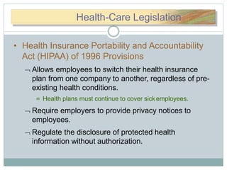HeHeaalth-Clth-CareareHealth-Care Legislation
• Health Insurance Portability and Accountability
Act (HIPAA) of 1996 Provisions
 Allows employees to switch their health insurance
plan from one company to another, regardless of pre-
existing health conditions.
 Health plans must continue to cover sickemployees.
 Require employers to provide privacy notices to
employees.
 Regulate the disclosure of protected health
information without authorization.
 