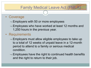 FFaammilyilyMMFamily Medical Leave Act (FMLA)
• Coverage
 Employers with 50 or more employees
 Employees who have worked at least 12 months and
1,250 hours in the previous year.
• Requirements
 Employers must allow eligible employees to take up
to a total of 12 weeks of unpaid leave in a 12-month
period to attend to a family or serious medical
condition.
 Employees have the right to continued health benefits
and the right to return to their job.
 