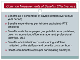 CComommmCommon Measurements of Benefits Effectiveness
 Benefits as a percentage of payroll (pattern over a multi-
year period)
 Benefits expenditures per full-time equivalent (FTE)
employee
 Benefits costs by employee group (full-time vs. part-time,
union vs. non-union, office, management, professional,
technical, etc.)
 Benefits administration costs (including staff time
multiplied by the staff pay and benefits costs per hour)
 Health-care benefits costs per participating employee
 