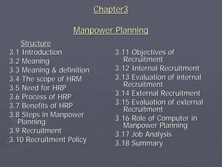 Chapter3

                   Manpower Planning
    Structure
3.1 Introduction               3.11 Objectives of
3.2 Meaning                       Recruitment
3.3 Meaning & definition       3.12 Internal Recruitment
3.4 The scope of HRM           3.13 Evaluation of internal
3.5 Need for HRP                  Recruitment
3.6 Process of HRP             3.14 External Recruitment
3.7 Benefits of HRP            3.15 Evaluation of external
                                  Recruitment
3.8 Steps in Manpower          3.16 Role of Computer in
   Planning                       Manpower Planning
3.9 Recruitment                3.17 Job Analysis
3.10 Recruitment Policy        3.18 Summary
 