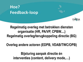 Hoe?
Feedback-loop
Regelmatig overleg met betrokken diensten
organisatie (HR, PA/VP, CPBW....)
Regelmatig overleg/terugkoppeling directie (BG)
Overleg andere actoren (EDPB, VDAB/TWC/OPB)
Bijsturing aanpak directie én
interventies (content, delivery mode,…)
 