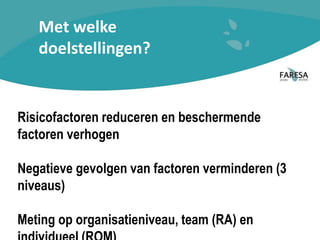 Met welke
doelstellingen?
Risicofactoren reduceren en beschermende
factoren verhogen
Negatieve gevolgen van factoren verminderen (3
niveaus)
Meting op organisatieniveau, team (RA) en
 
